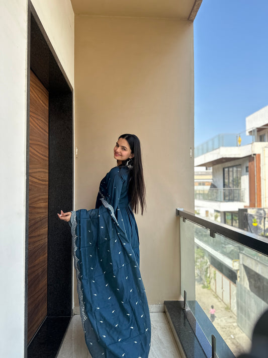 Siya Blue Muslin Cotton Nyra Cut Kurta Palazzo Set