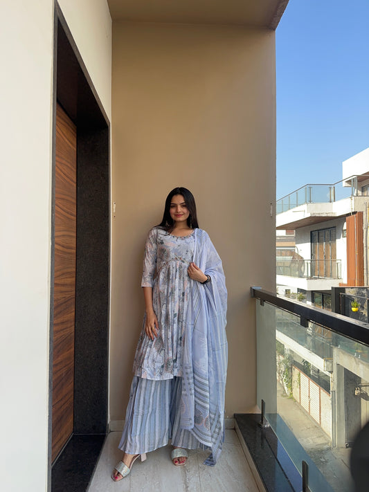 Pearl Blue Mulmul Cotton handwork Suit Set