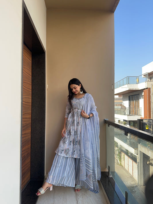 Pearl Blue Mulmul Cotton handwork Suit Set