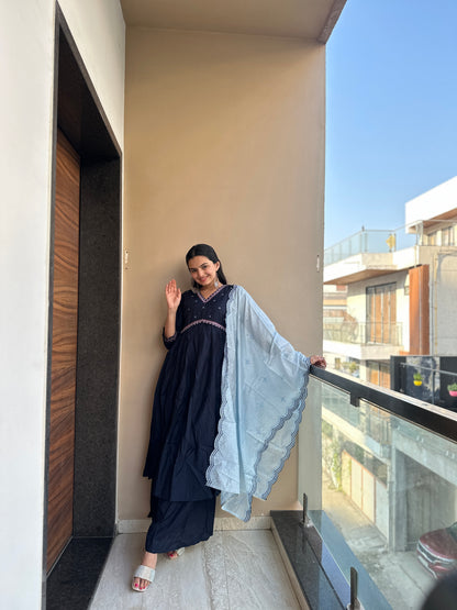 Midnight blue Muslin Cotton Kurta Palazzo Set