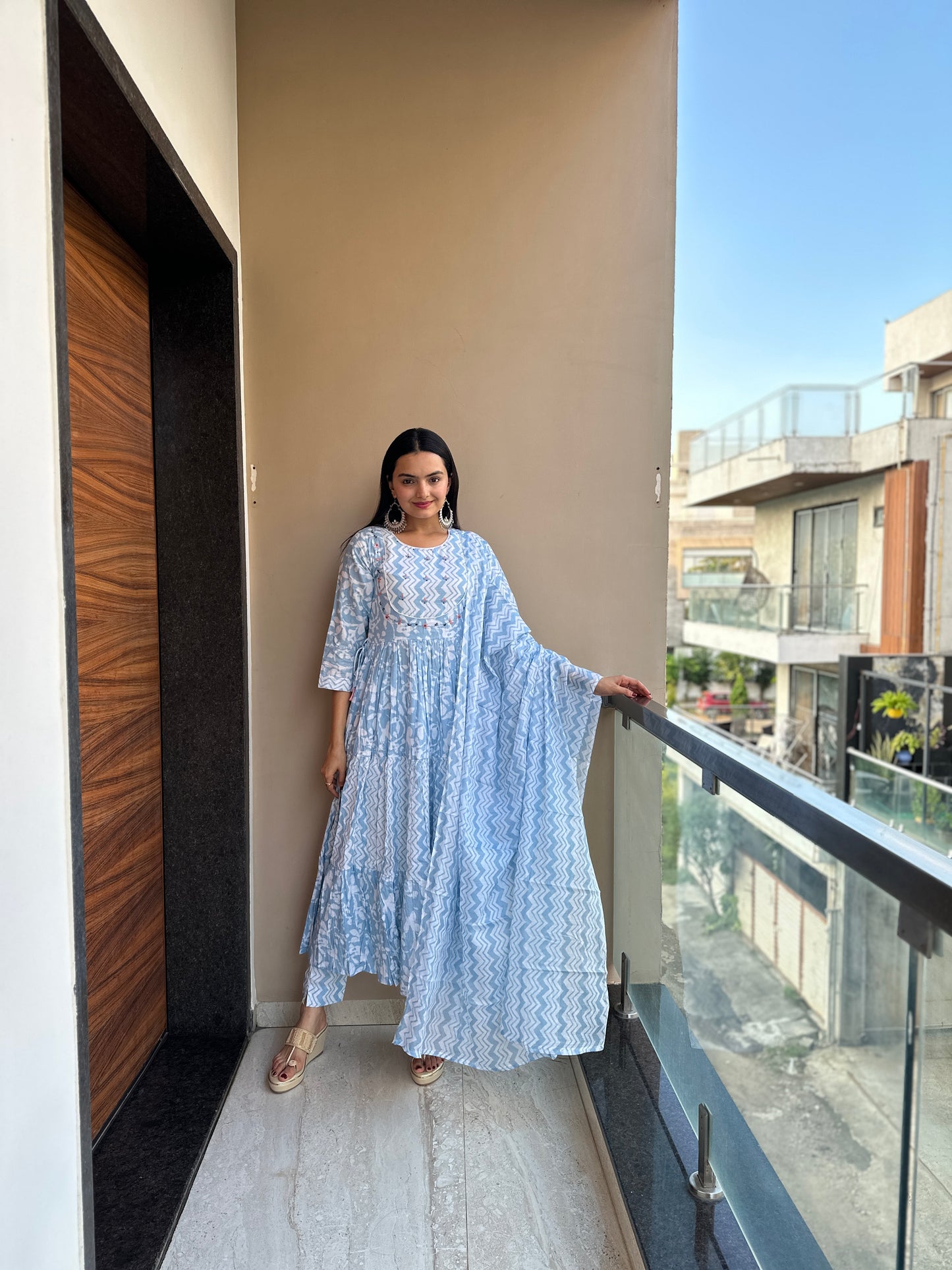 Azure Blue Pure Mulmul Cotton Anarkali Suit Set
