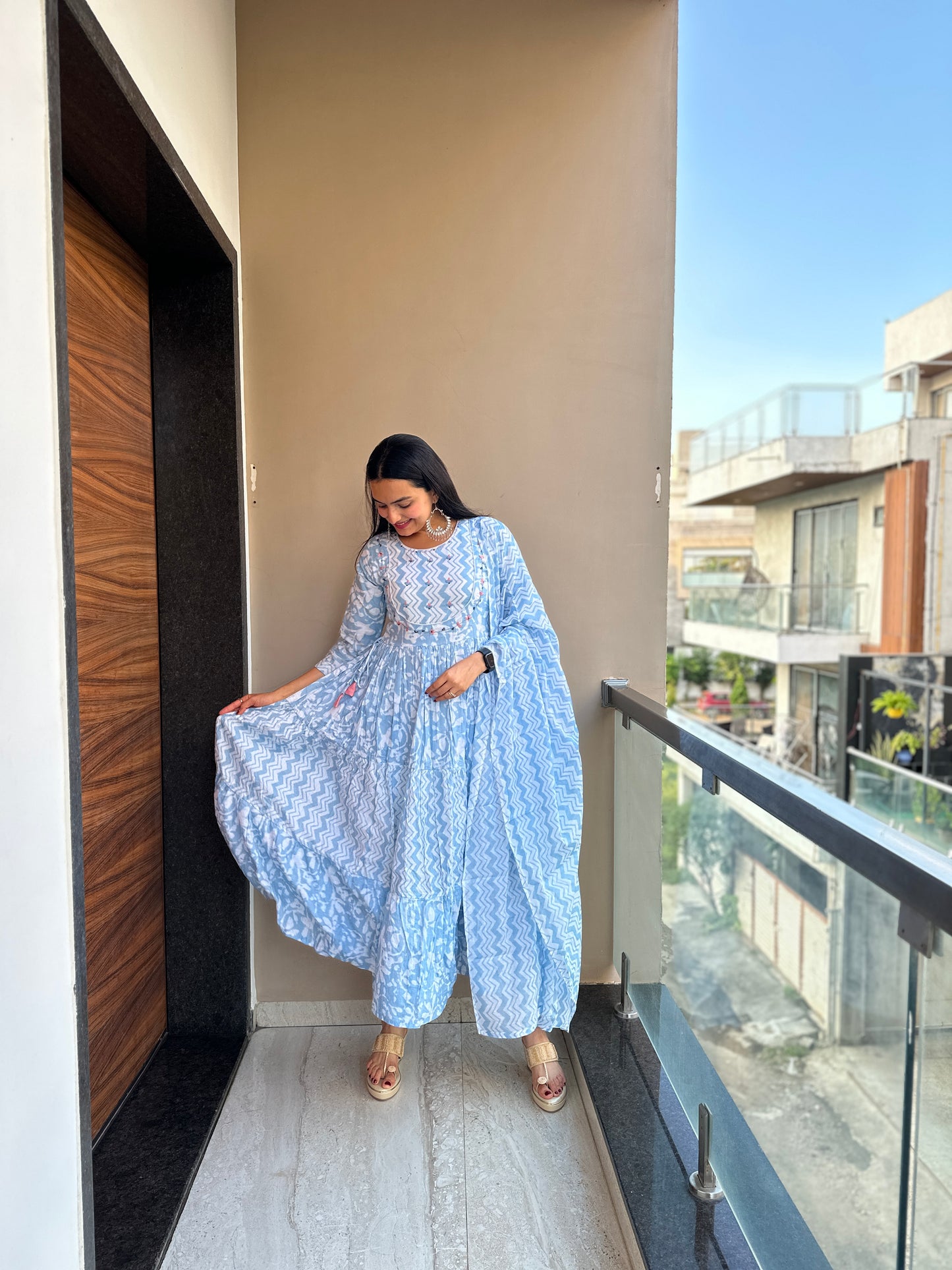 Azure Blue Pure Mulmul Cotton Anarkali Suit Set