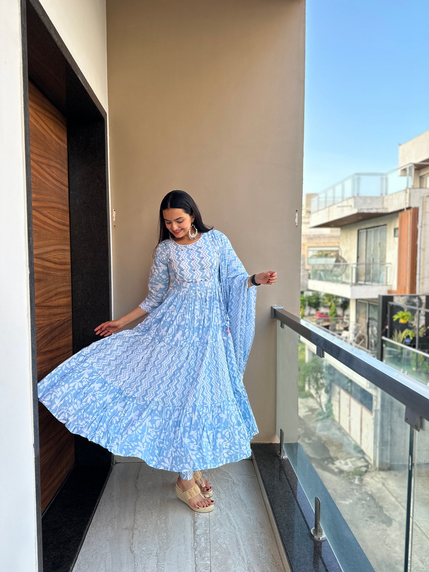 Azure Blue Pure Mulmul Cotton Anarkali Suit Set
