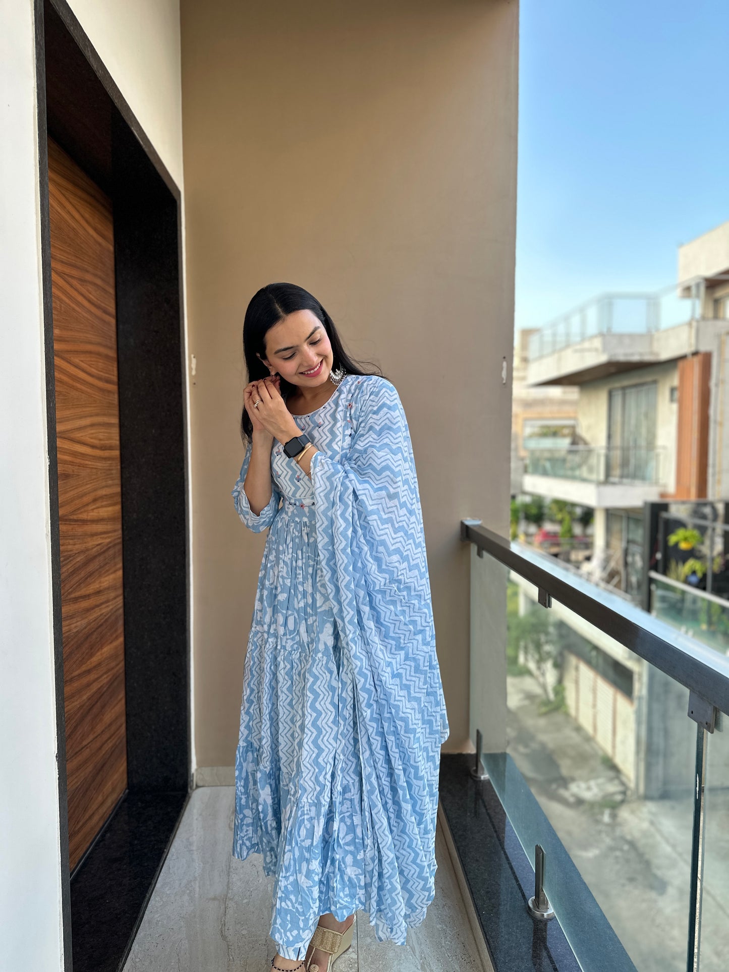 Azure Blue Pure Mulmul Cotton Anarkali Suit Set