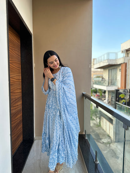 Azure Blue Pure Mulmul Cotton Anarkali Suit Set