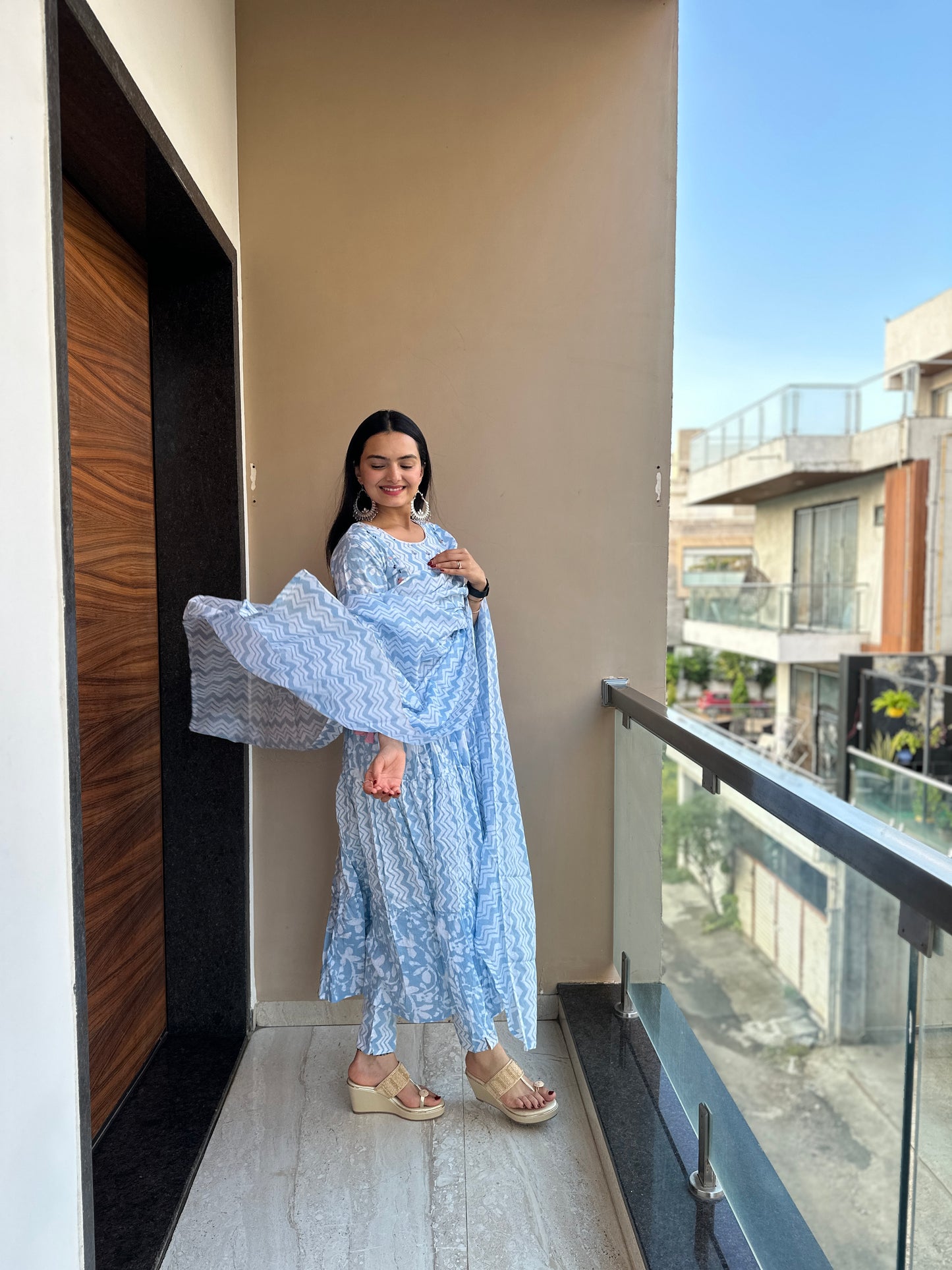 Azure Blue Pure Mulmul Cotton Anarkali Suit Set