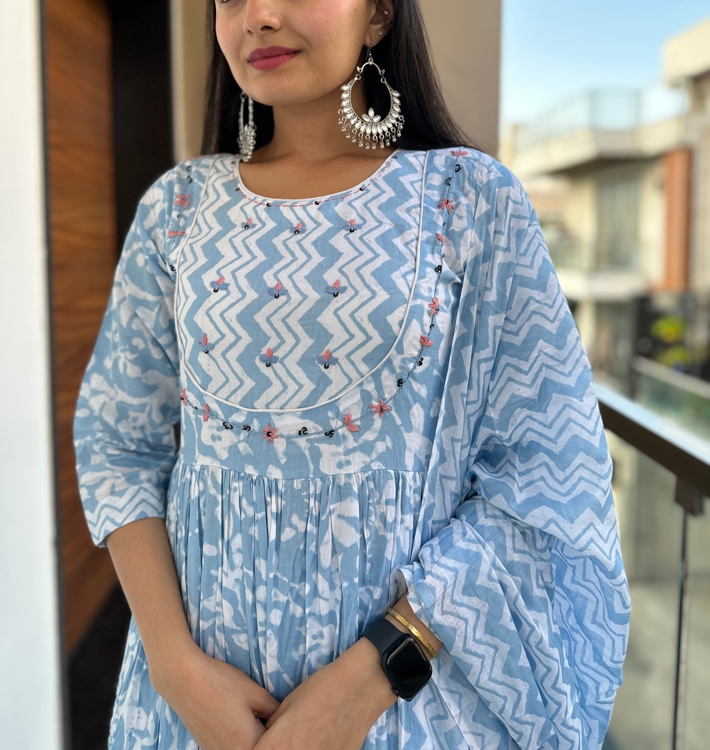 Azure Blue Pure Mulmul Cotton Anarkali Suit Set