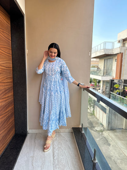 Azure Blue Pure Mulmul Cotton Anarkali Suit Set