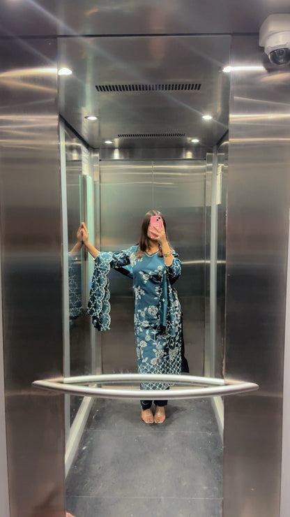 Serene Teal Chikankari Kurta Pant Set