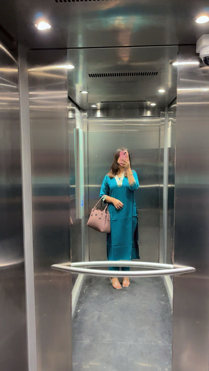 Aqua Teal Blue Muslin Cotton Kurta Pant Set