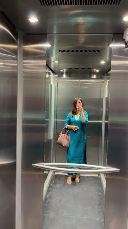 Aqua Teal Blue Muslin Cotton Kurta Pant Set