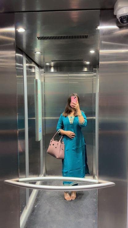 Aqua Teal Blue Muslin Cotton Kurta Pant Set