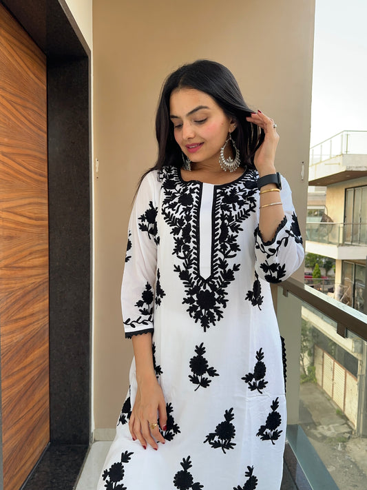 Anusha Pure White & Black Embroidered Mul Cotton Co-ord Set