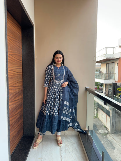 Navy Blue Pure Cotton Anarkali Suit Set