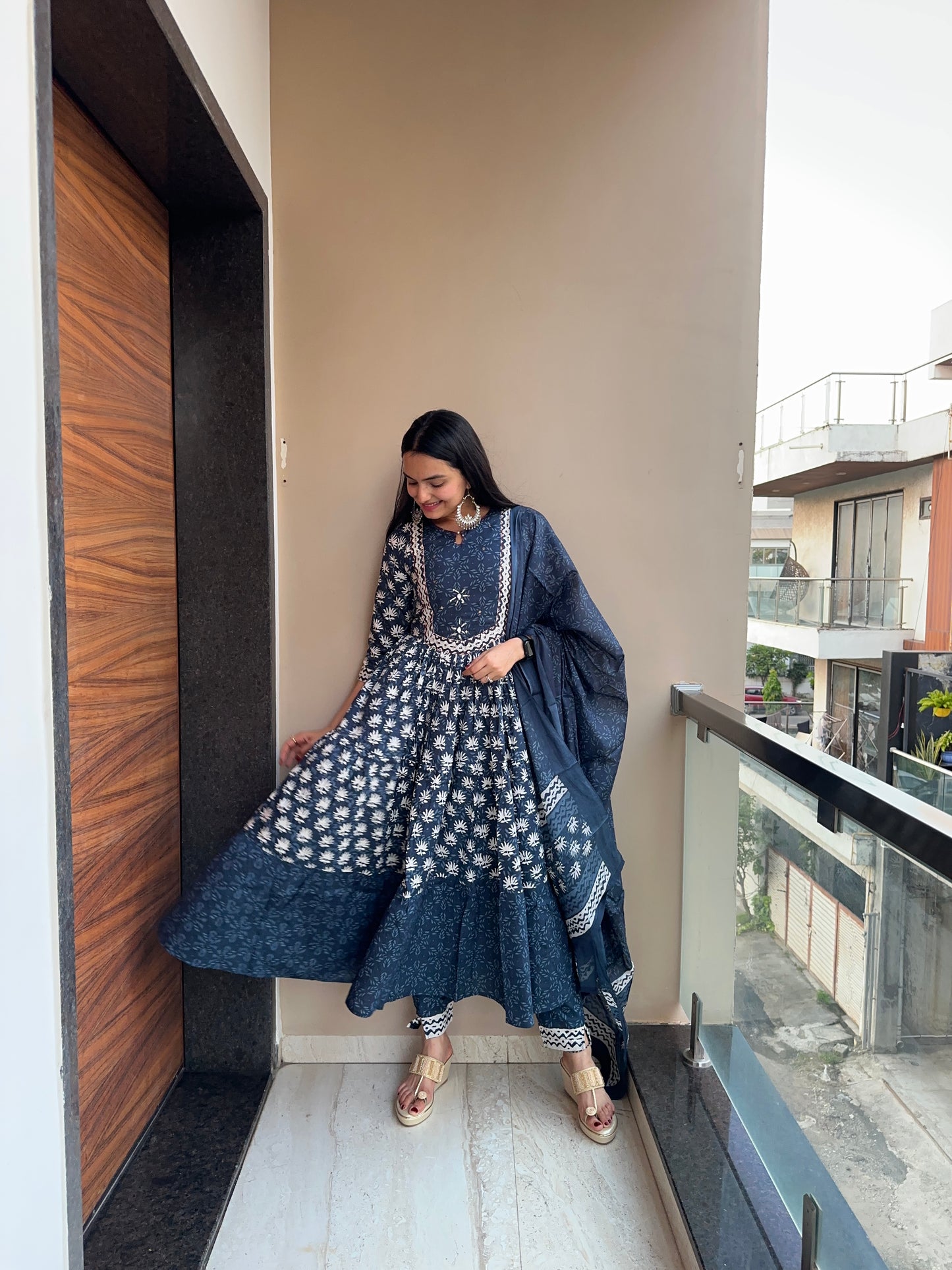 Navy Blue Pure Cotton Anarkali Suit Set
