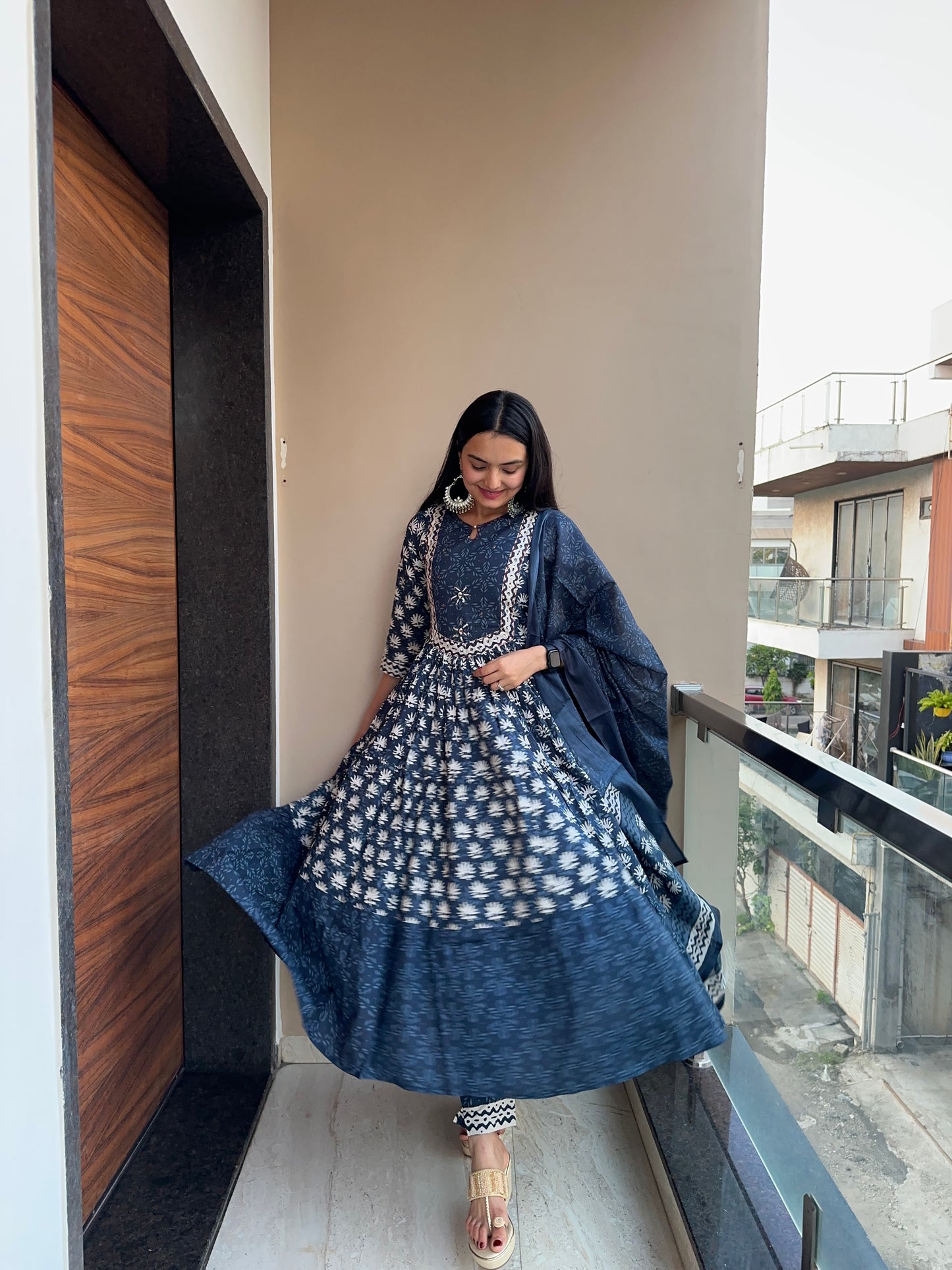 Navy Blue Pure Cotton Anarkali Suit Set