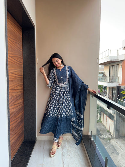 Navy Blue Pure Cotton Anarkali Suit Set