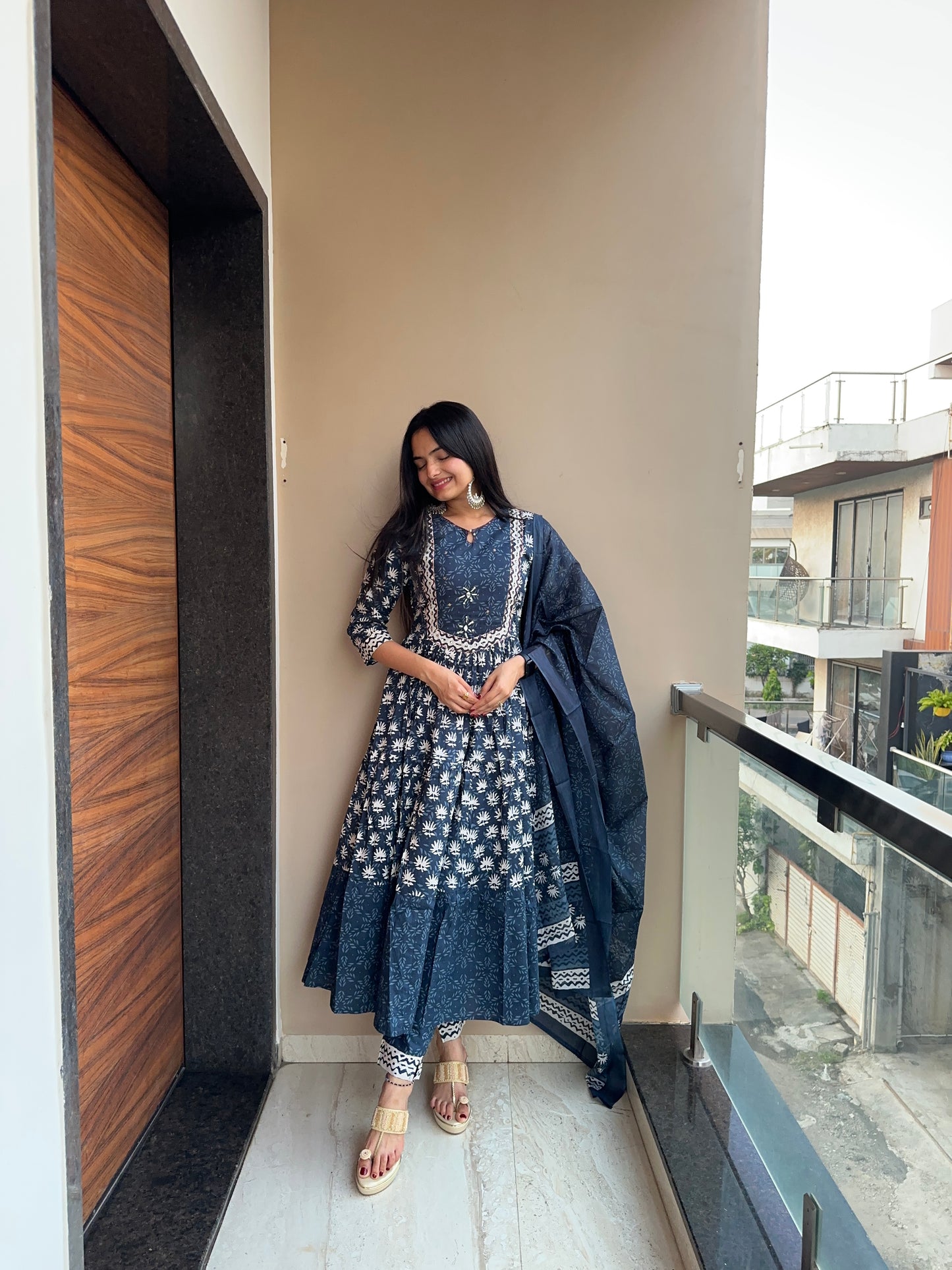 Navy Blue Pure Cotton Anarkali Suit Set