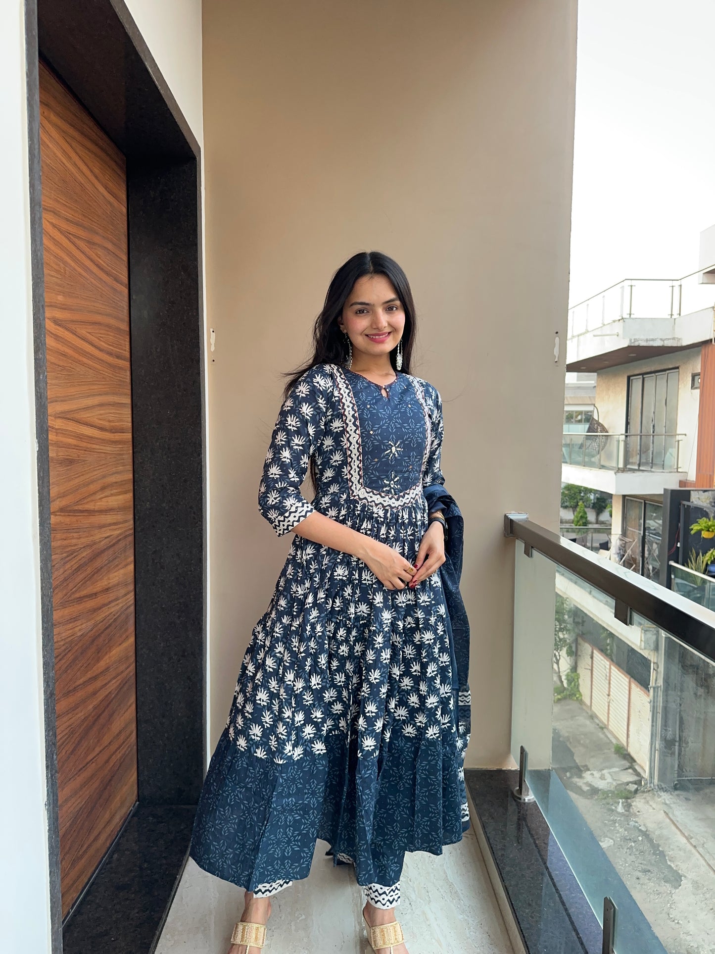 Navy Blue Pure Cotton Anarkali Suit Set