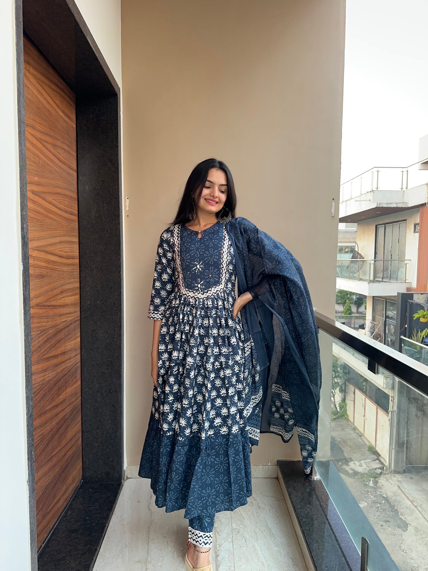 Navy Blue Pure Cotton Anarkali Suit Set