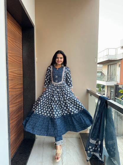 Navy Blue Pure Cotton Anarkali Suit Set