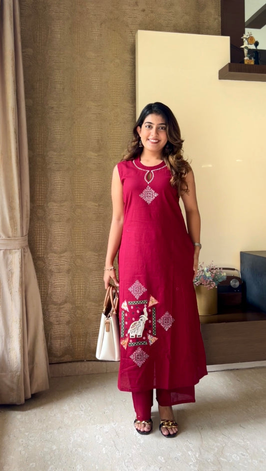 Ruby Red Flex Cotton Embroidered Kurta Palazzo Set
