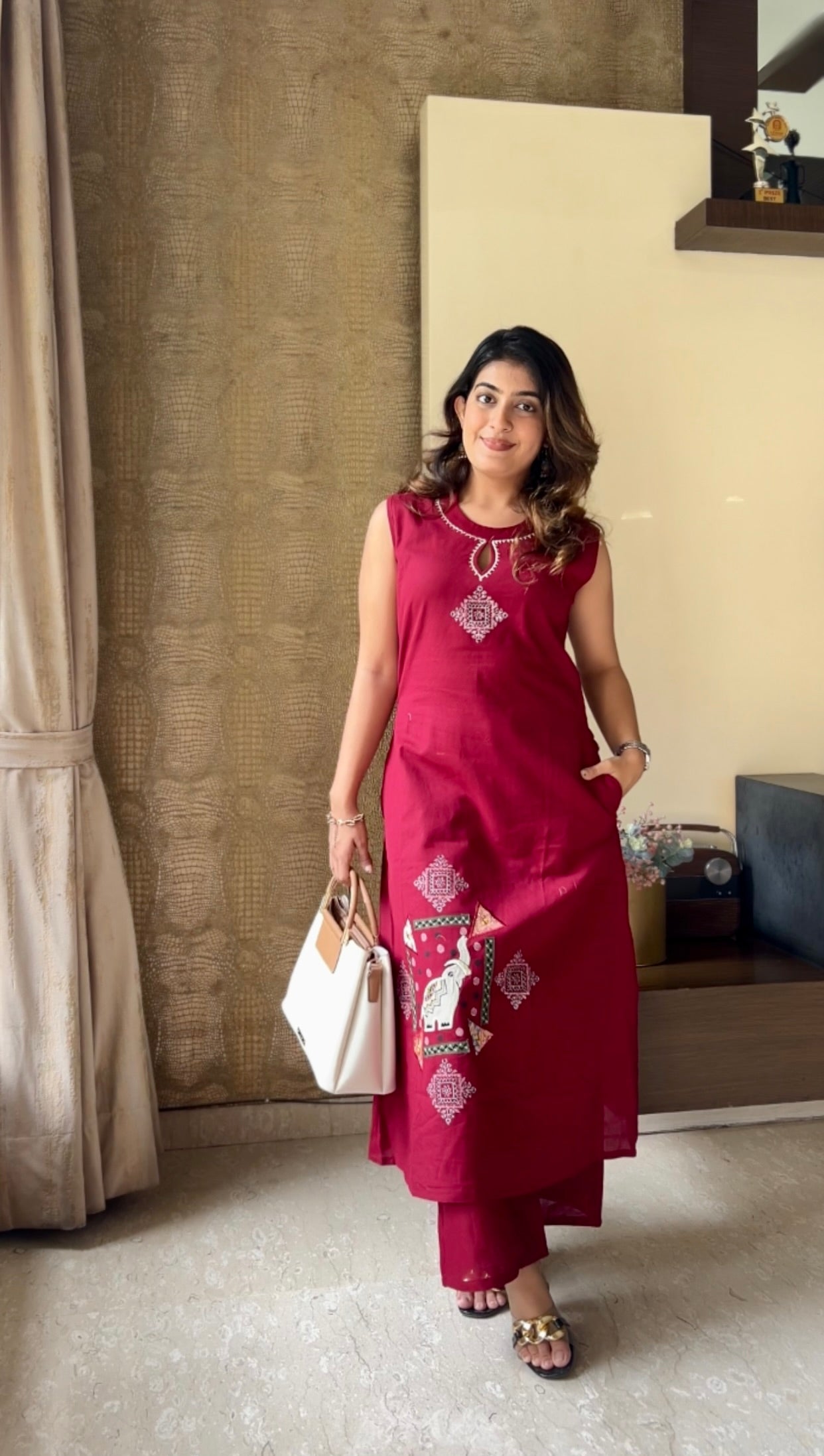 Ruby Red Flex Cotton Embroidered Kurta Palazzo Set