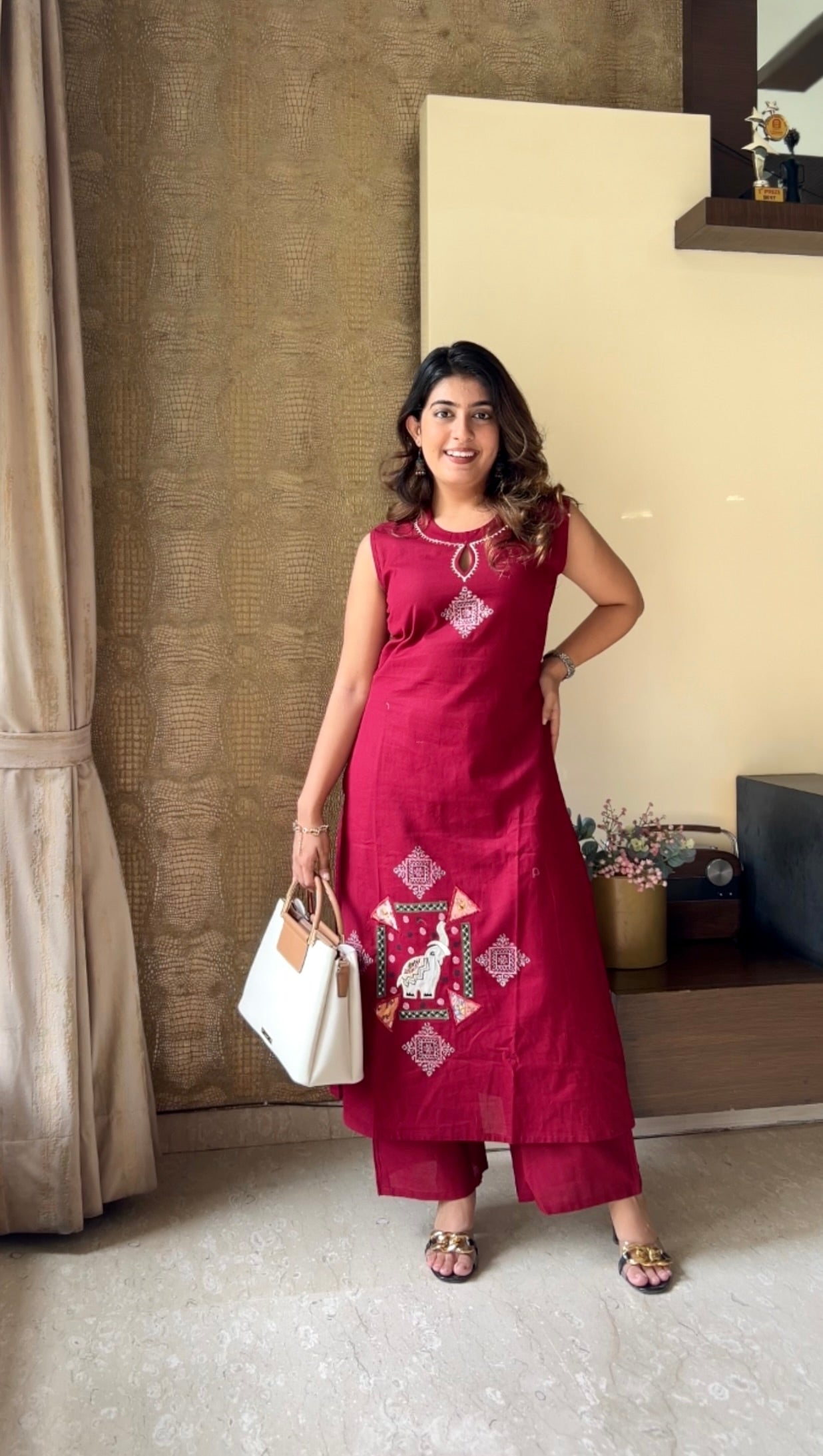 Ruby Red Flex Cotton Embroidered Kurta Palazzo Set