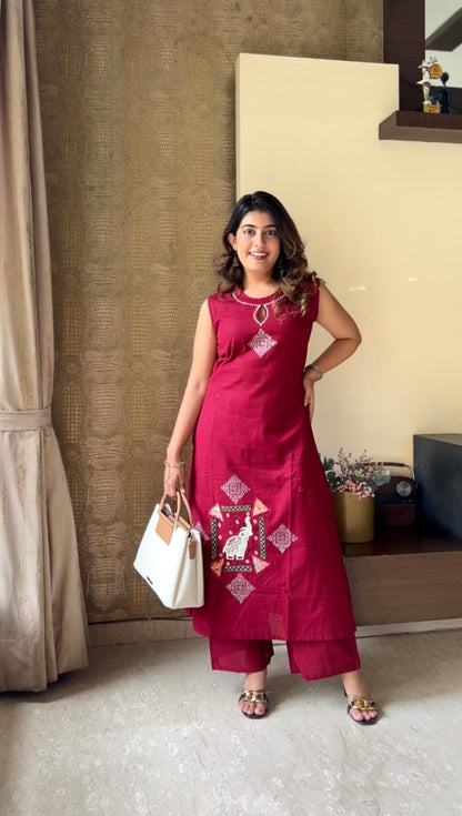 Ruby Red Flex Cotton Embroidered Kurta Palazzo Set
