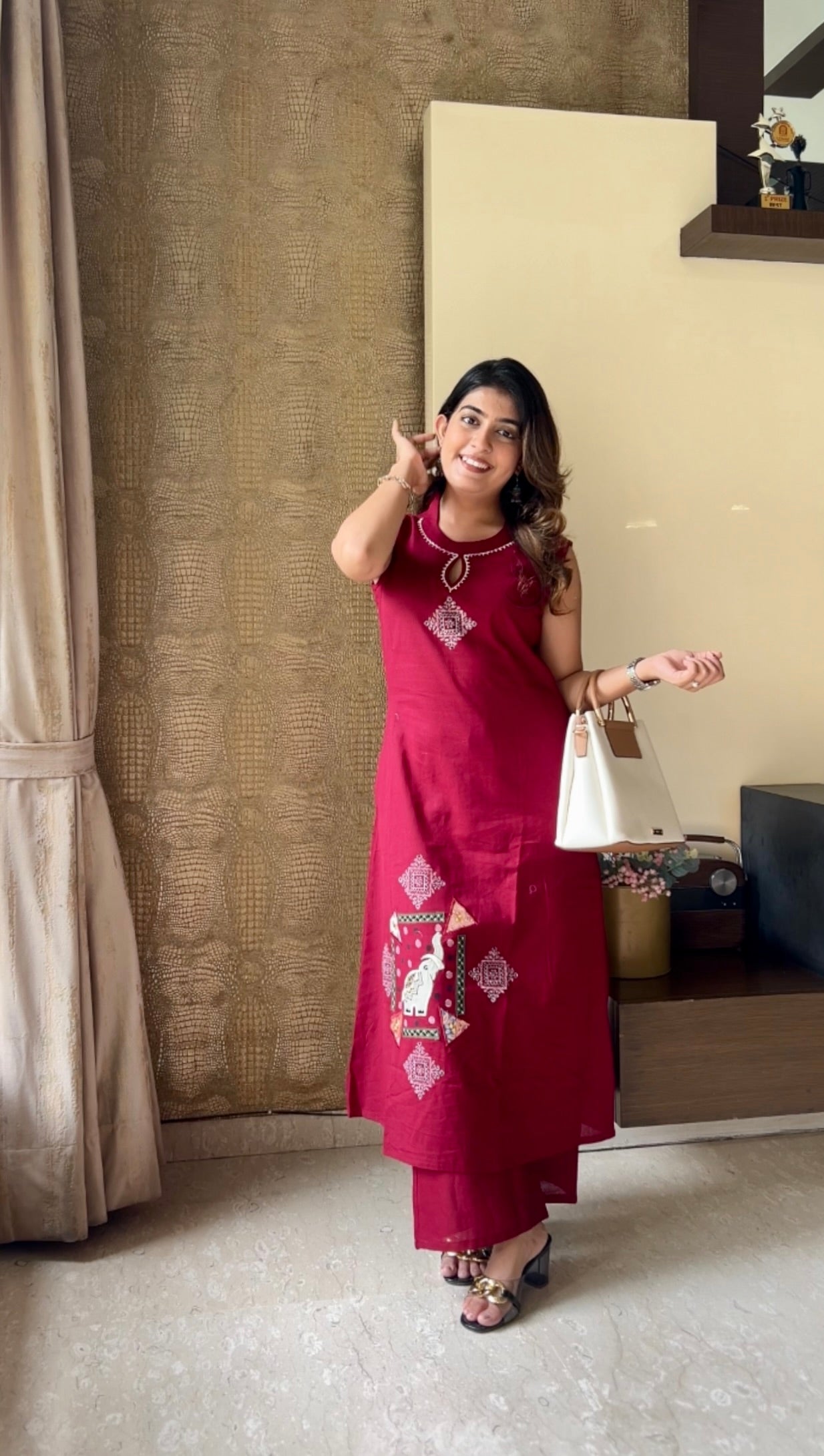 Ruby Red Flex Cotton Embroidered Kurta Palazzo Set
