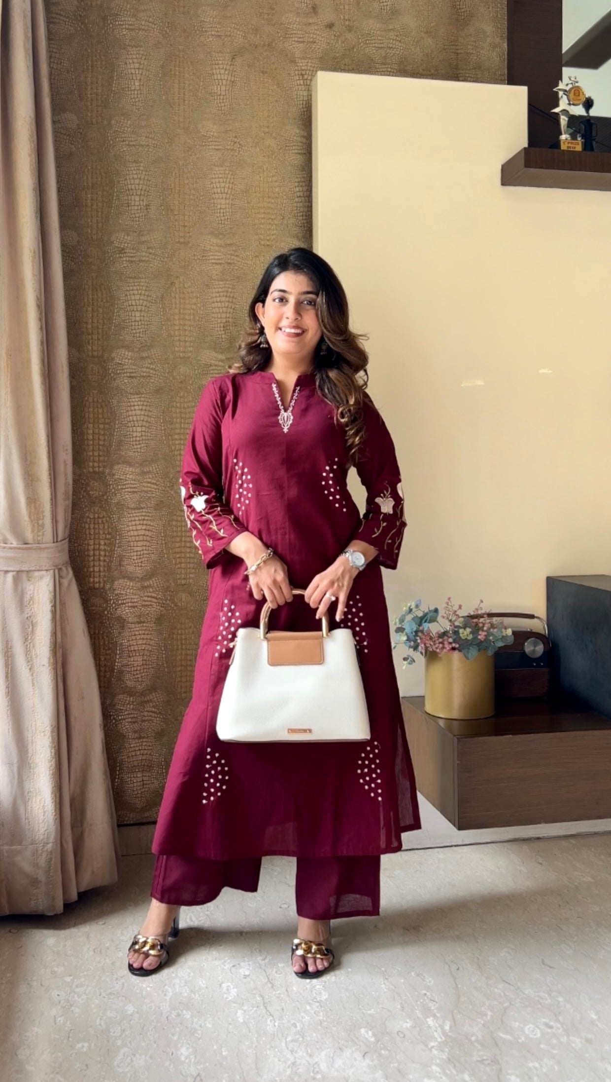Luxe Burgundy Maroon Flex Cotton V-neck Embroidered Kurta Palazzo Co-ord Set