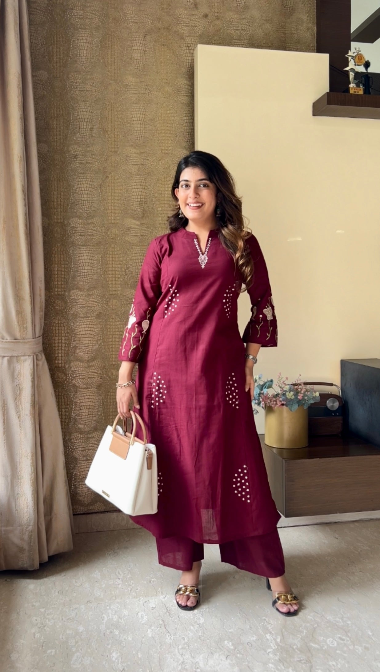 Luxe Burgundy Maroon Flex Cotton V-neck Embroidered Kurta Palazzo Co-ord Set