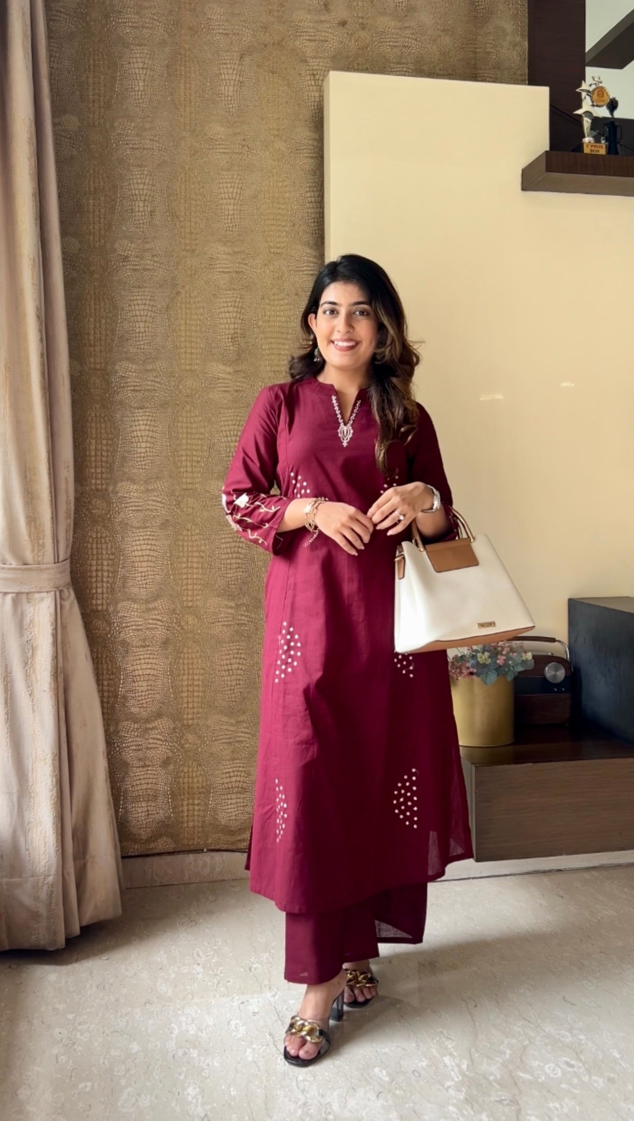 Luxe Burgundy Maroon Flex Cotton V-neck Embroidered Kurta Palazzo Co-ord Set