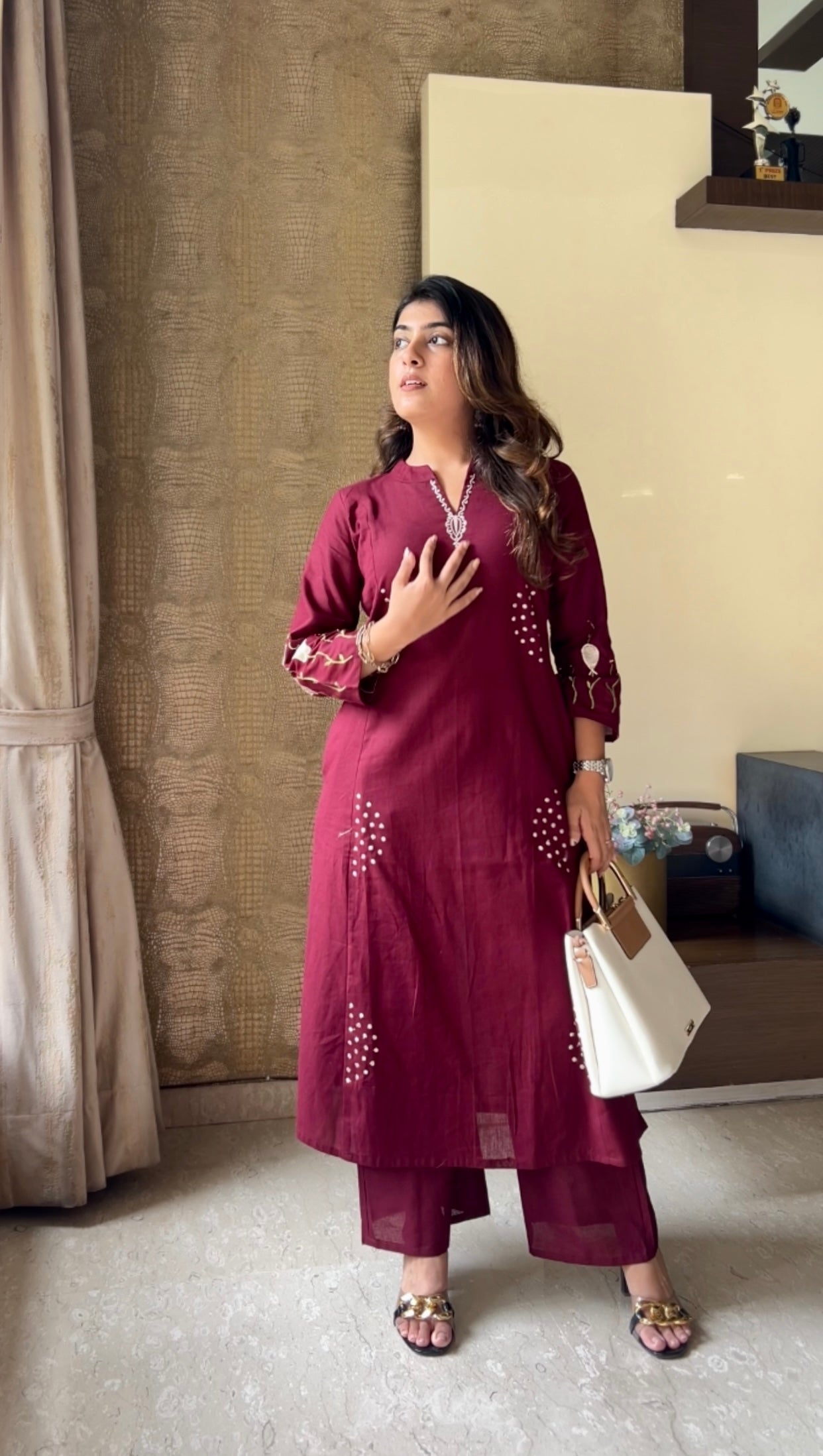 Luxe Burgundy Maroon Flex Cotton V-neck Embroidered Kurta Palazzo Co-ord Set
