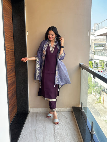 Majestic Wine Muslin Cotton Kurta Pant Set