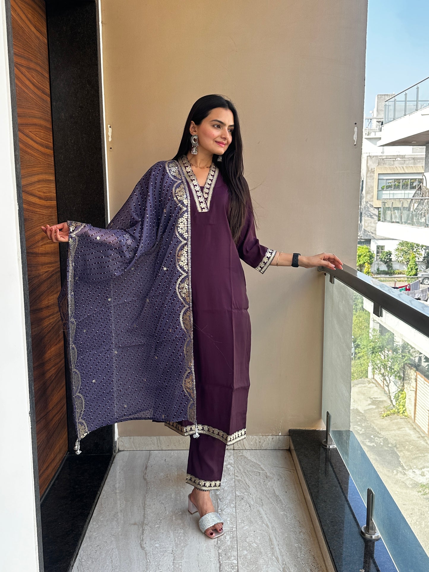 Majestic Wine Muslin Cotton Kurta Pant Set
