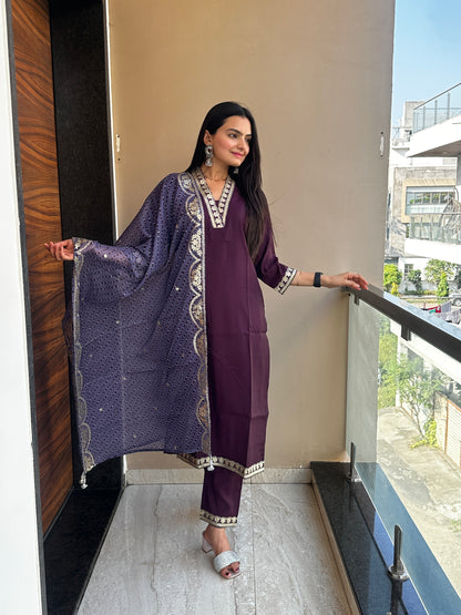Majestic Wine Muslin Cotton Kurta Pant Set