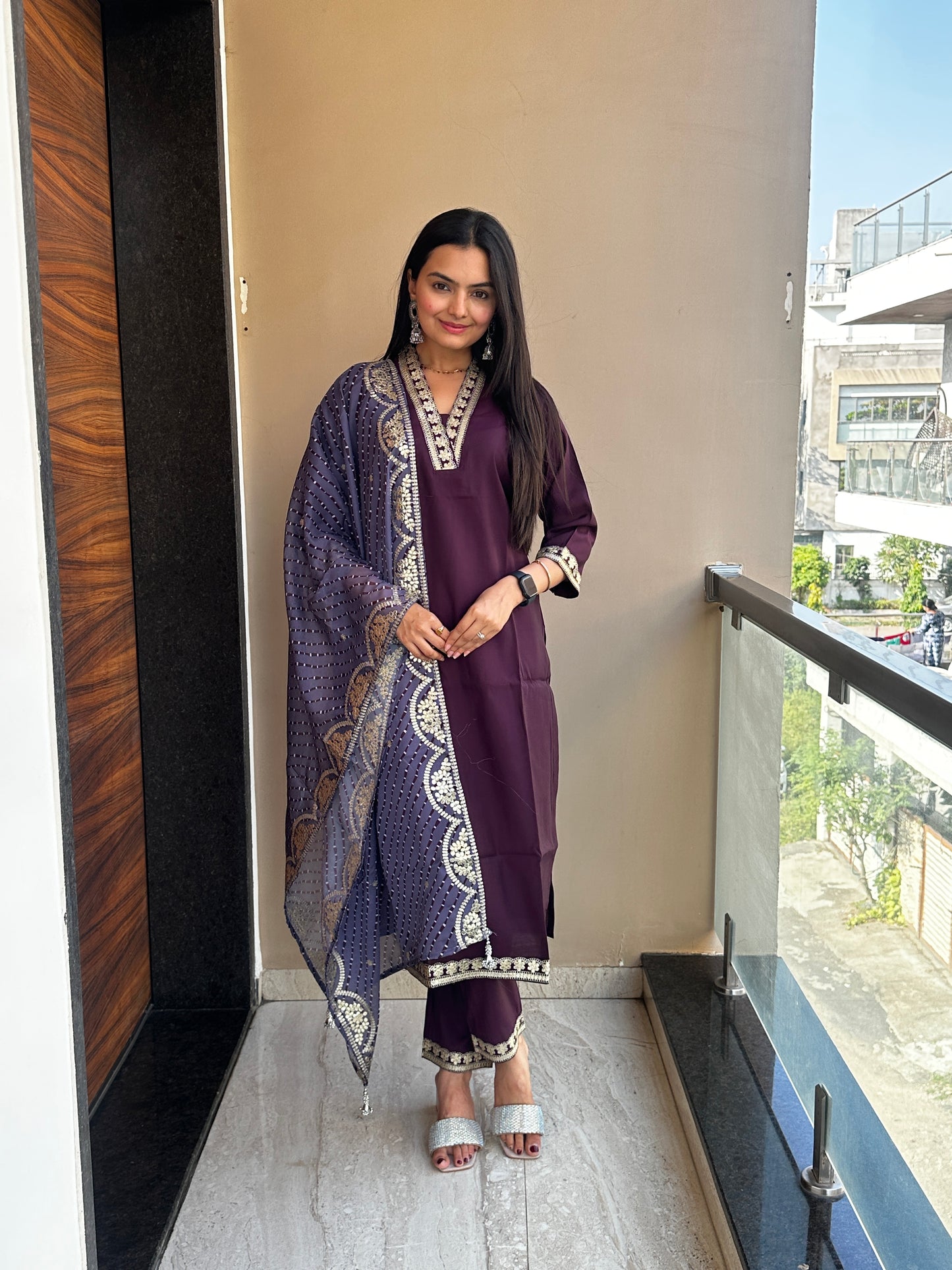 Majestic Wine Muslin Cotton Kurta Pant Set