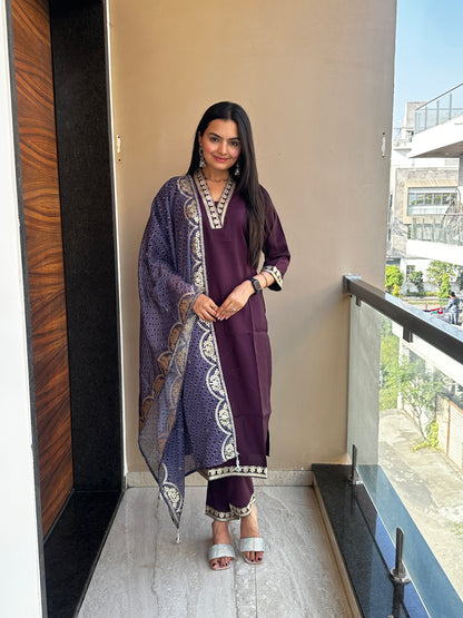 Majestic Wine Muslin Cotton Kurta Pant Set