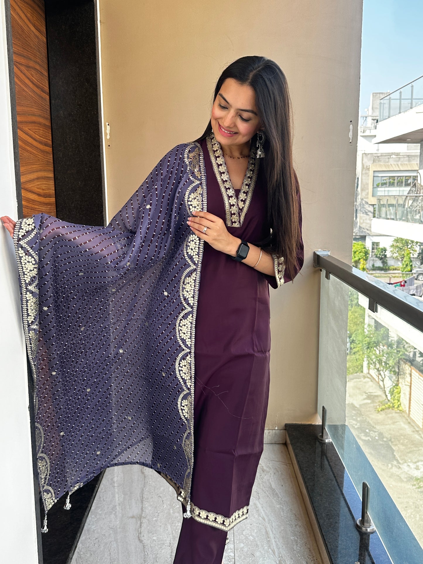 Majestic Wine Muslin Cotton Kurta Pant Set