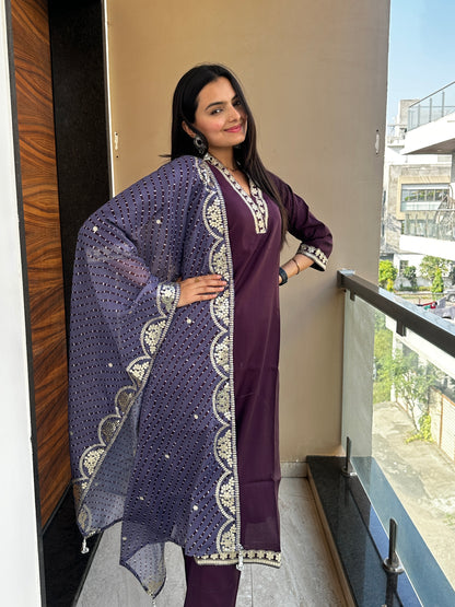 Majestic Wine Muslin Cotton Kurta Pant Set