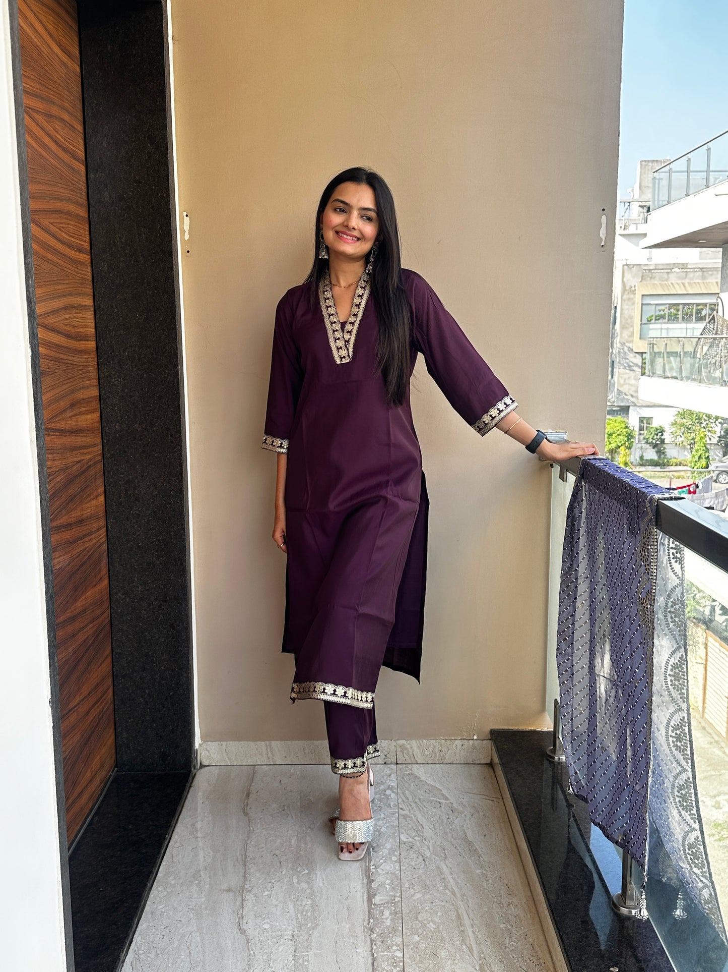 Majestic Wine Muslin Cotton Kurta Pant Set