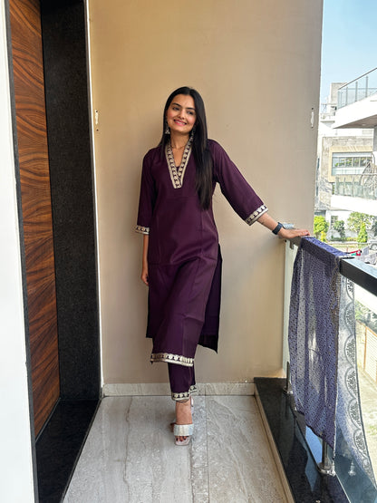 Majestic Wine Muslin Cotton Kurta Pant Set