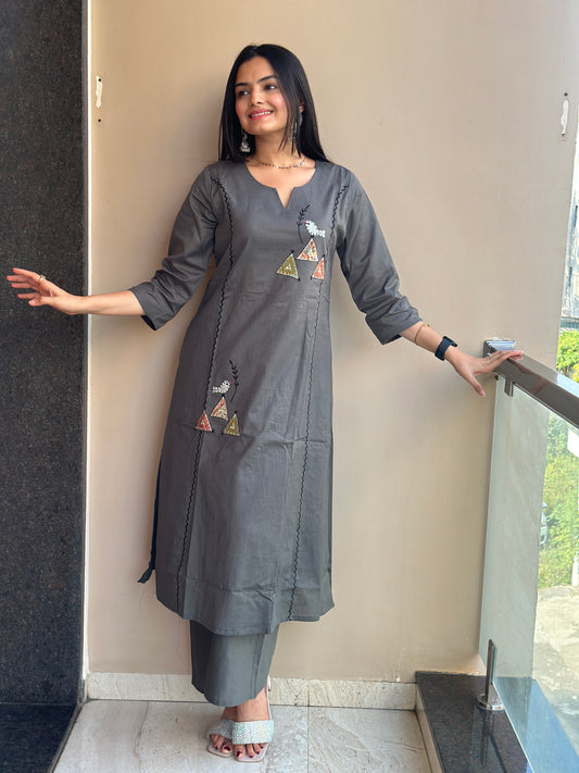 Cloudy Grey Linen Cotton Kurta Palazzo Co-ord Set