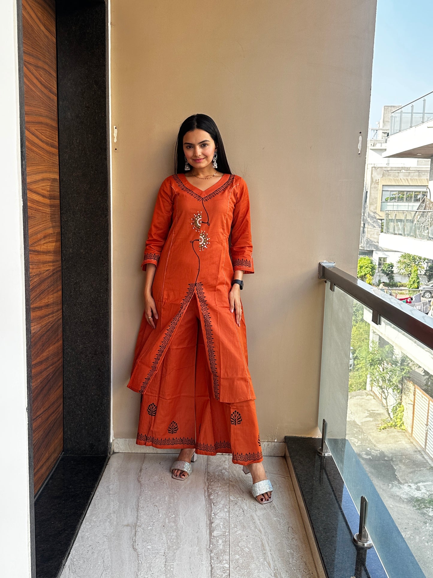 Mandarin Orange Linen Cotton Kurta Palazzo Co-ord Set