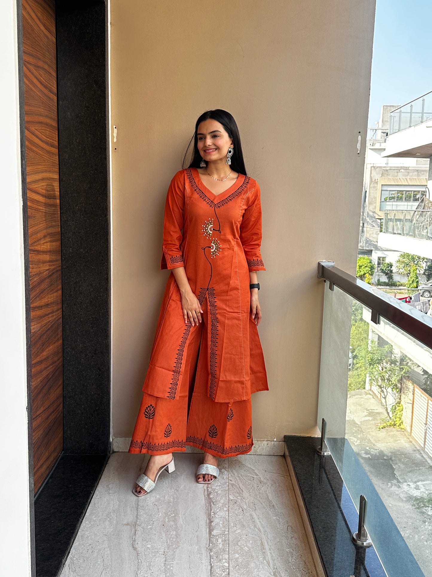 Mandarin Orange Linen Cotton Kurta Palazzo Co-ord Set