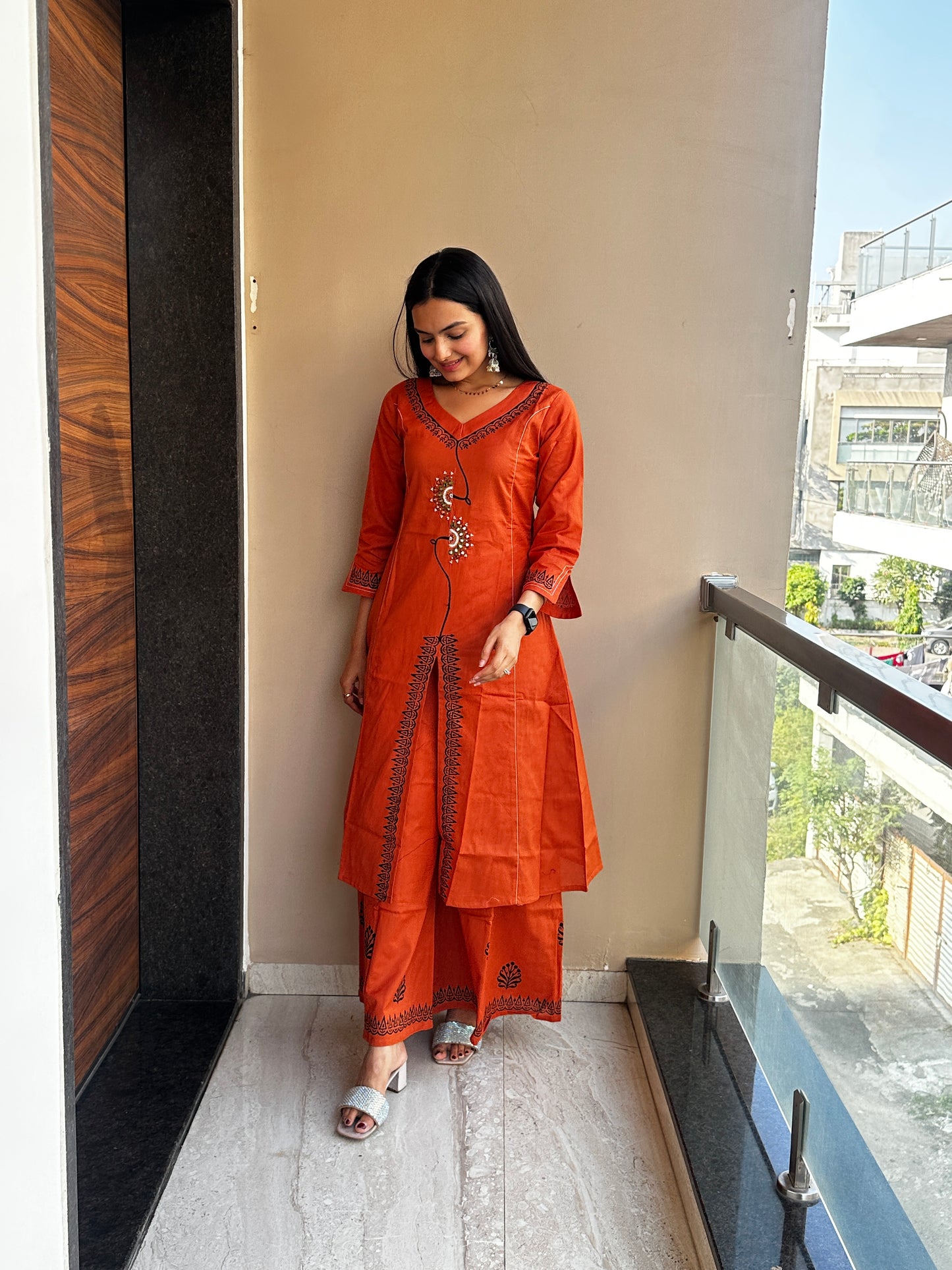 Mandarin Orange Linen Cotton Kurta Palazzo Co-ord Set