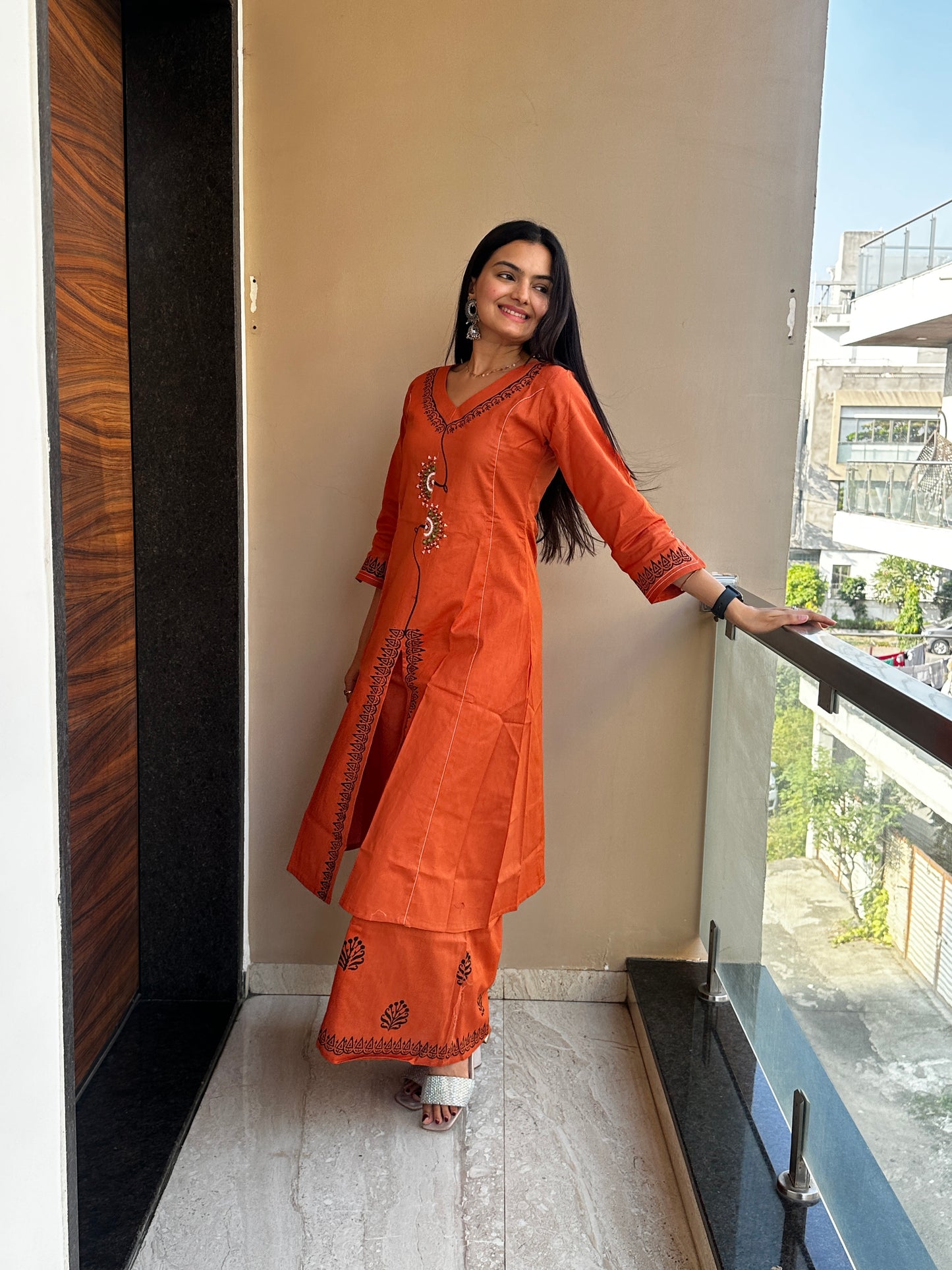 Mandarin Orange Linen Cotton Kurta Palazzo Co-ord Set