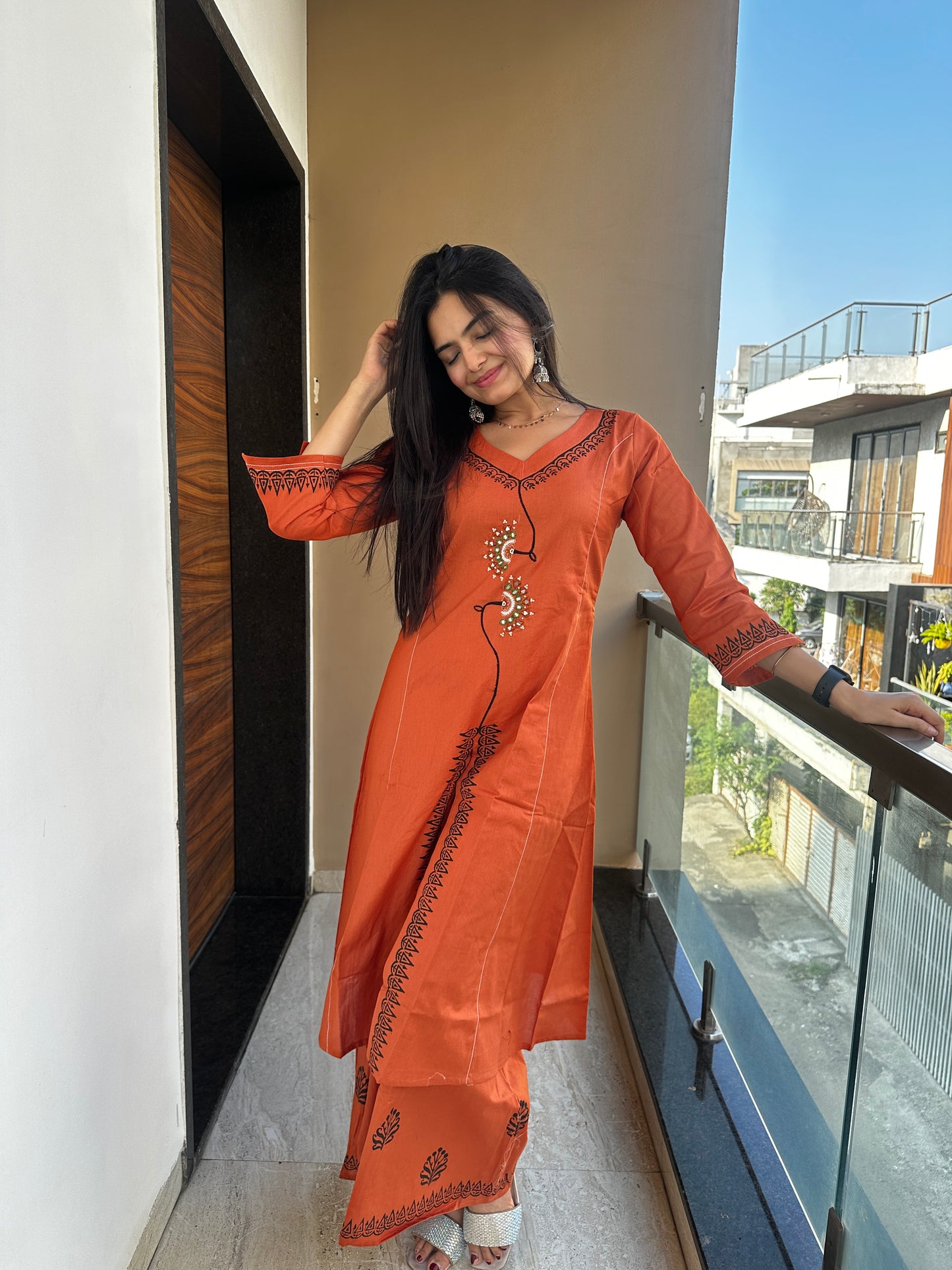 Mandarin Orange Linen Cotton Kurta Palazzo Co-ord Set