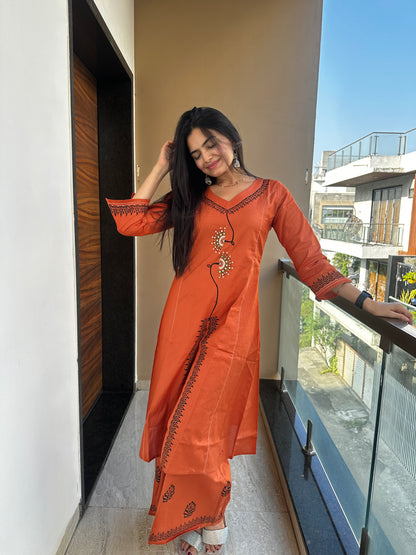 Mandarin Orange Linen Cotton Kurta Palazzo Co-ord Set
